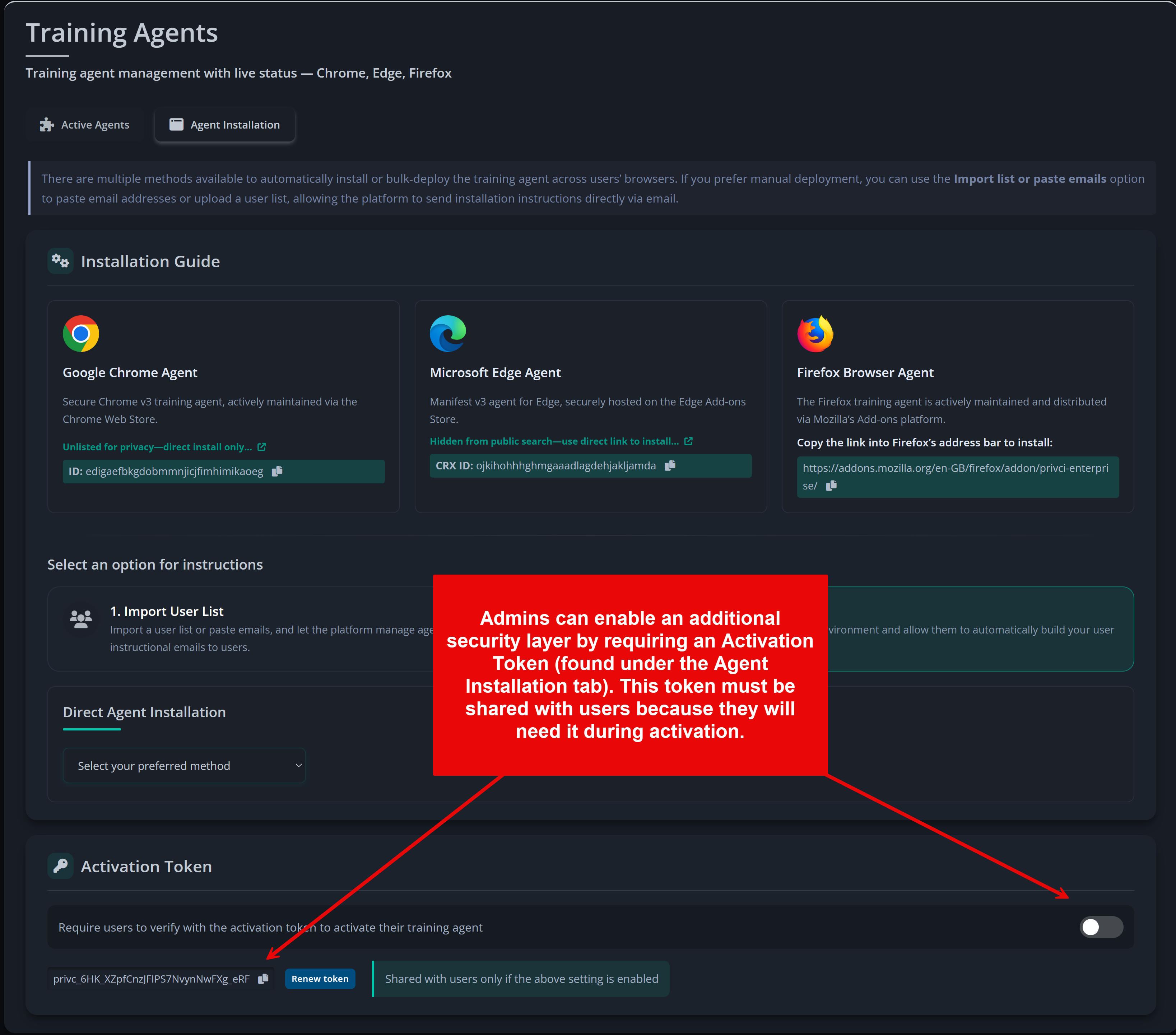 Activation Token configuration panel