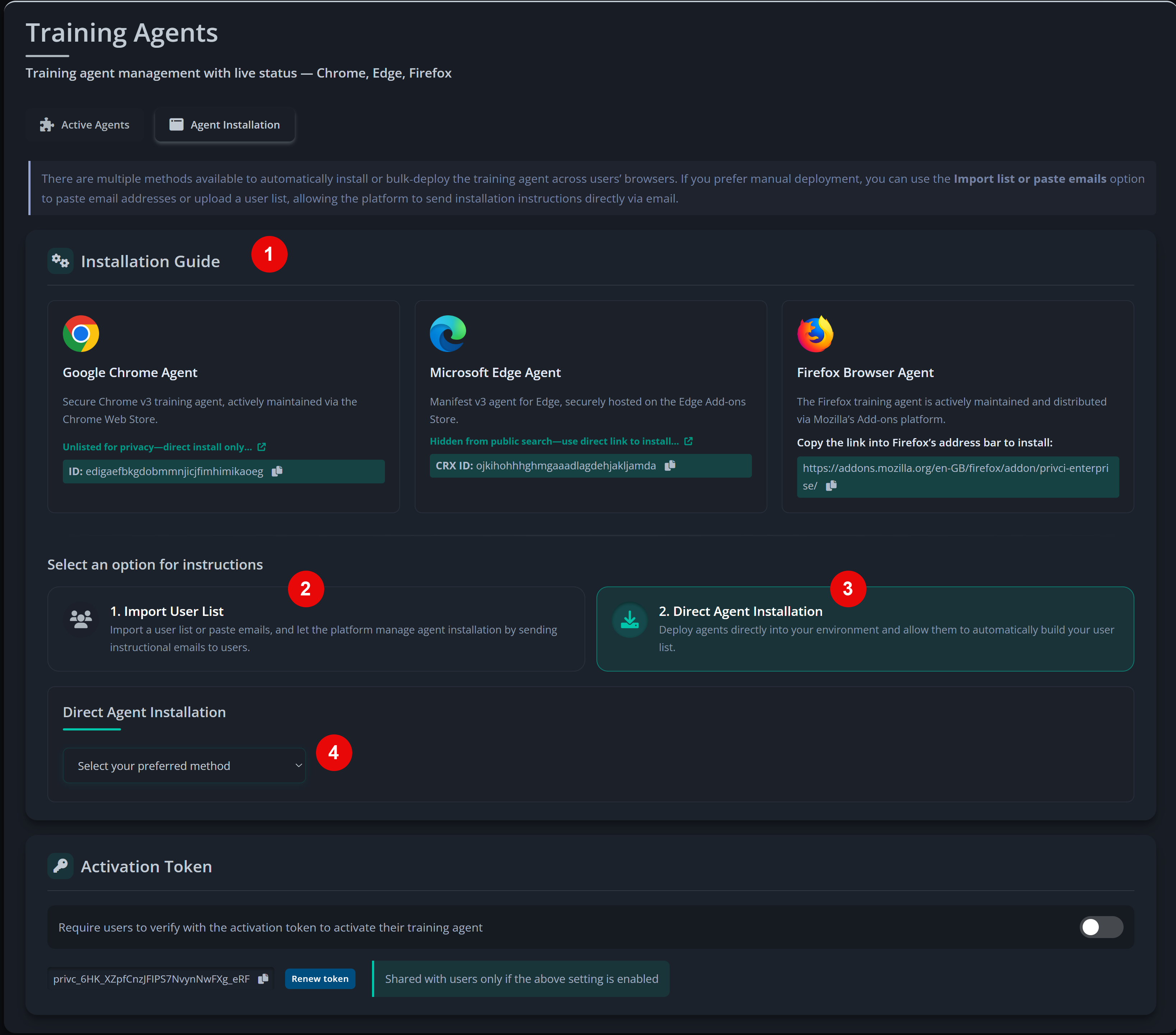 Training Agent installation panel with browser options