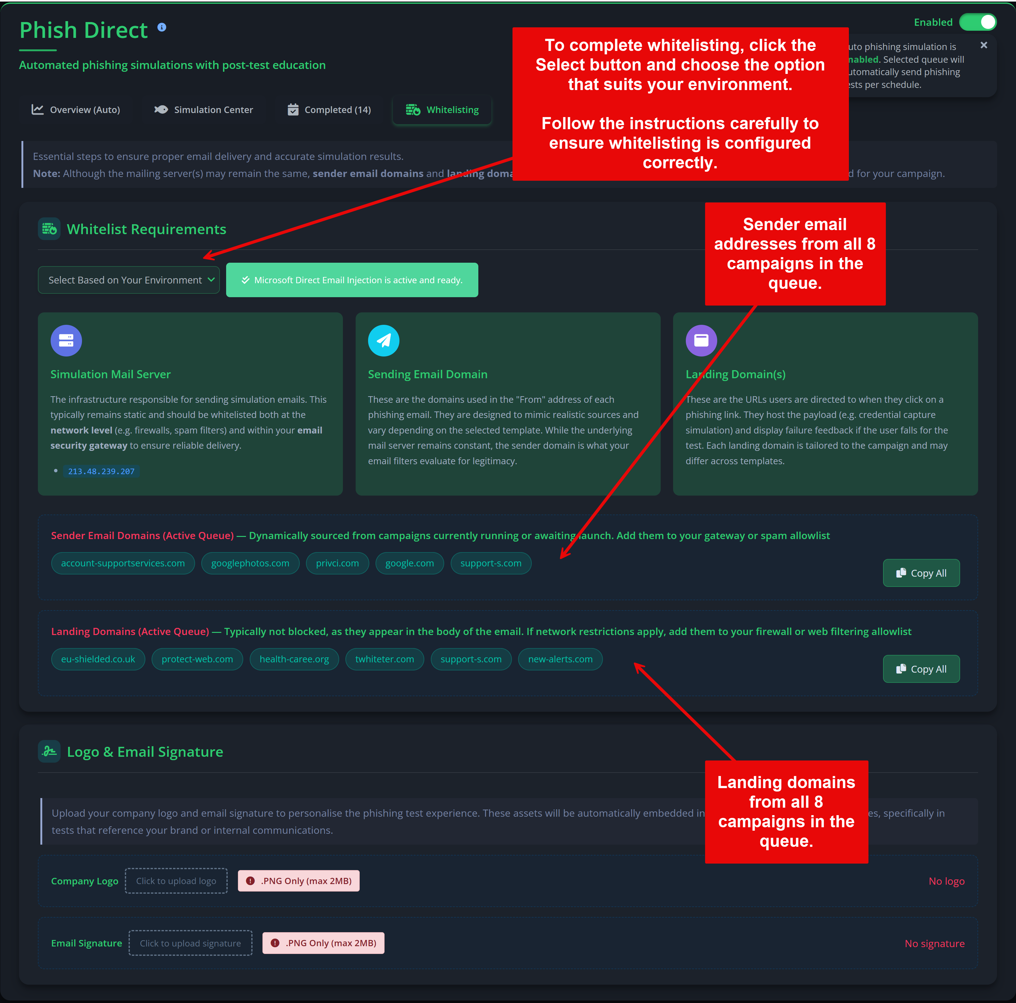 Simulation Center showing auto‑phishing configuration
