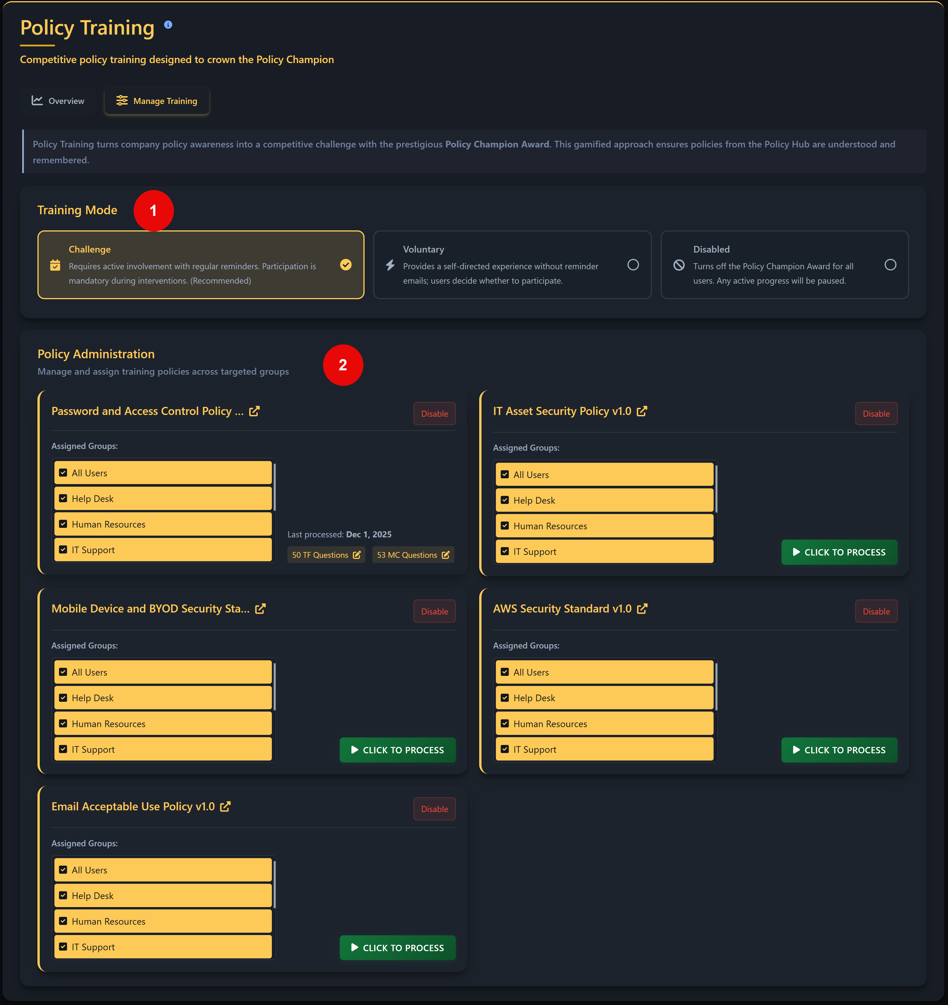 Policy Training management interface